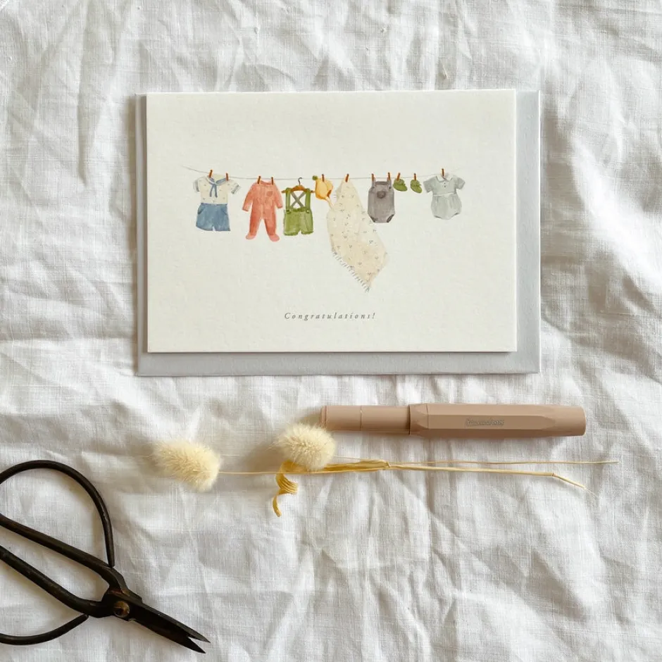 Cottontails Baby Cards|Baby clothes washing line card 'Congratulations'