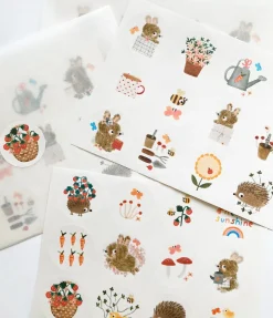 Cottontails Baby Stickers & Stationery|Bunny Cards & Stationery|Handmade Paper Stickers - Gardening Bunnies