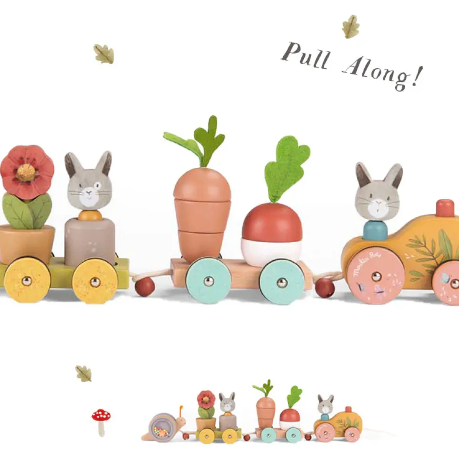 Cottontails Baby Wooden Bunnies|Wooden Toys|Moulin Roty Three Rabbits Pull-along Wooden Train