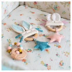 Cottontails Baby Bunnies For Babies|Comforters & Rattles|Moulin Roty wooden ring rattle - blue & cream rabbit