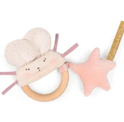 Cottontails Baby Comforters & Rattles|Moulin Roty wooden ring rattle - pink & cream mouse