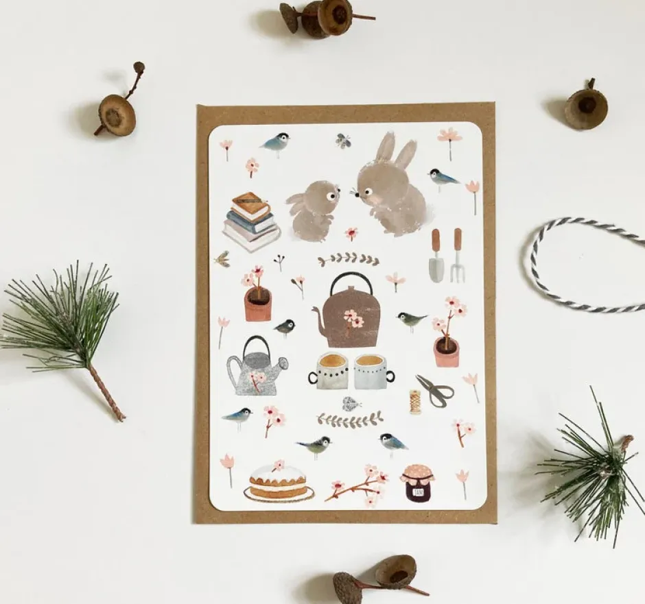 Cottontails Baby Cards|Bunny Cards & Stationery|Postcard & Envelope - Bunny Teatime