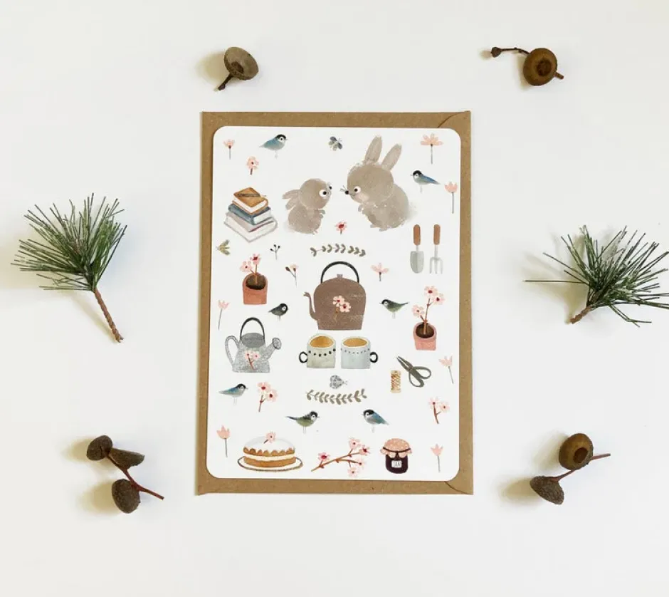 Cottontails Baby Cards|Bunny Cards & Stationery|Postcard & Envelope - Bunny Teatime