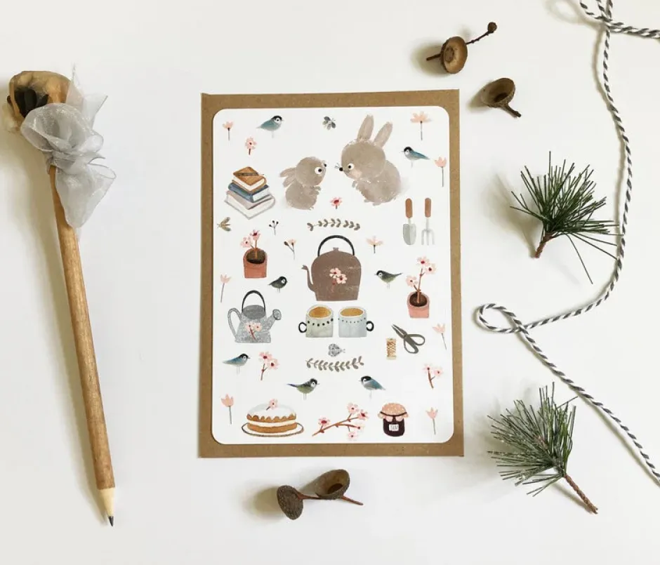 Cottontails Baby Cards|Bunny Cards & Stationery|Postcard & Envelope - Bunny Teatime